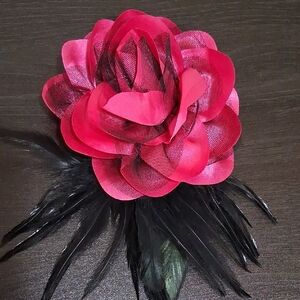 Elegant Pink Rose and Black Feather Brooch